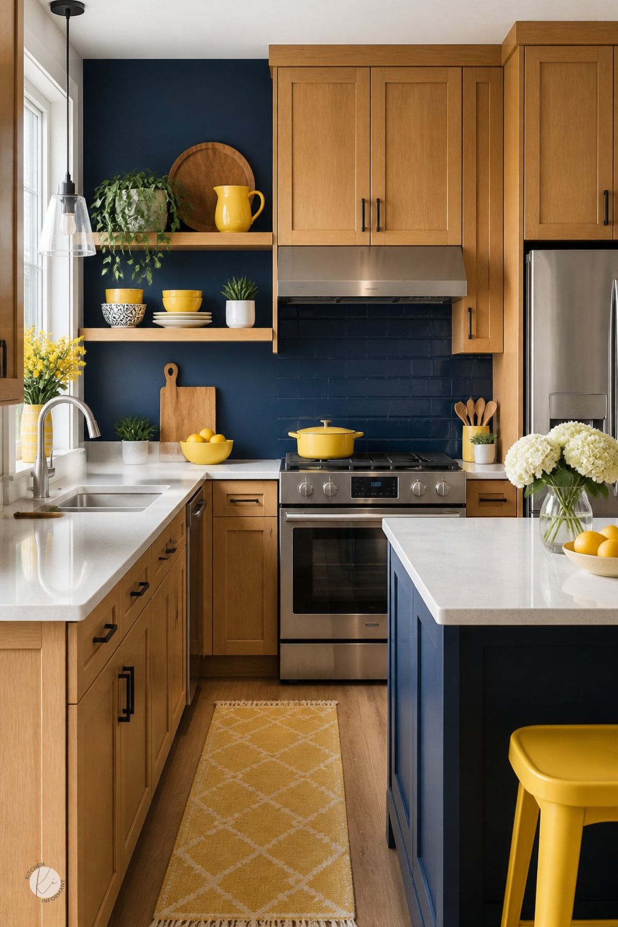 Blue, yellow, and wood kitchen with warm oak cabinets, navy backsplash and island, white countertops, stainless range, yellow runner rug, yellow stool, open shelves, potted greenery, hydrangeas, lemons, and wood floors.