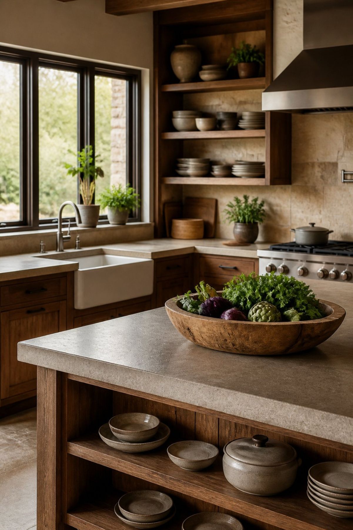Rustic kitchen with warm wood cabinets, open shelving, beige stone countertops, farmhouse sink, stainless range, black-framed windows, potted herbs, ceramic dishes, and a large island with a wood bowl of fresh greens and artichokes.
