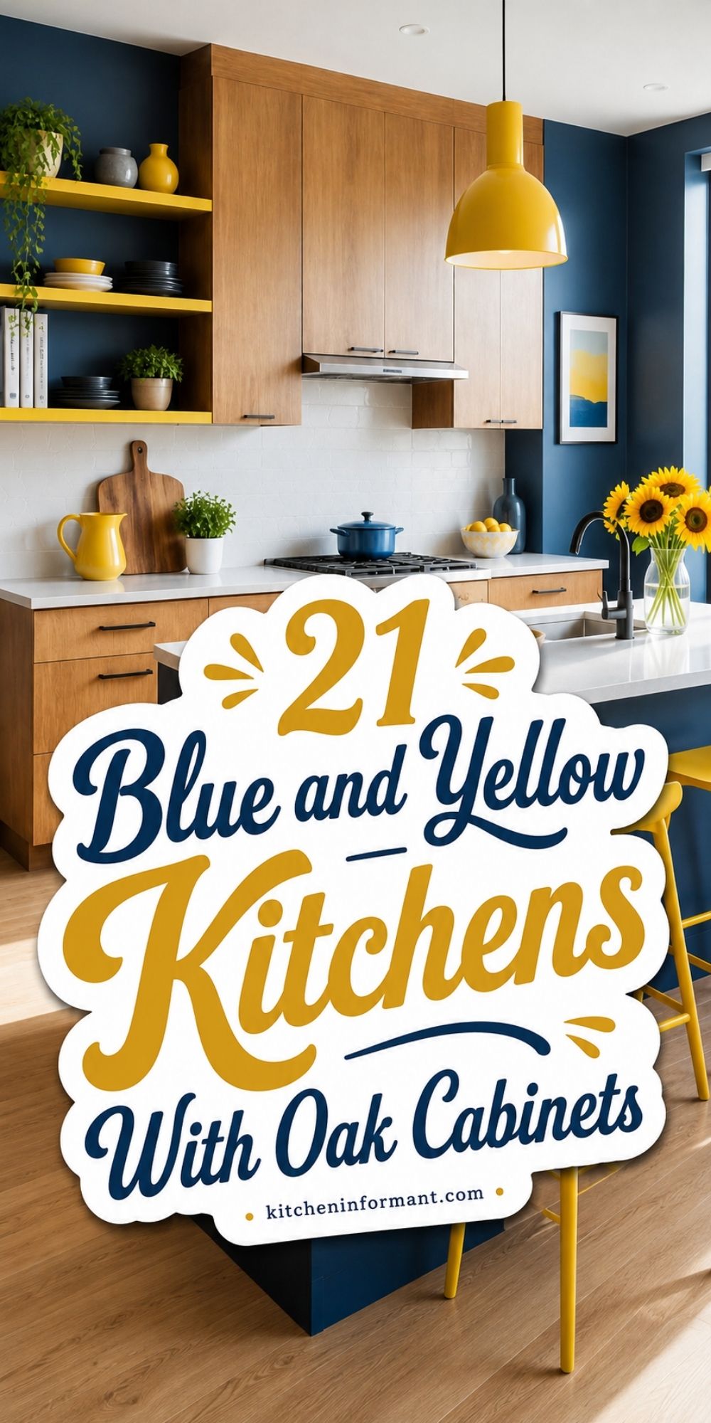 Blue and yellow kitchen with oak cabinets, navy walls, yellow shelves, yellow pendant light, white counters, black faucet, sunflowers, and a large Pinterest-style text overlay reading “21 Blue and Yellow Kitchens With Oak Cabinets” and “kitcheninformant.com.”