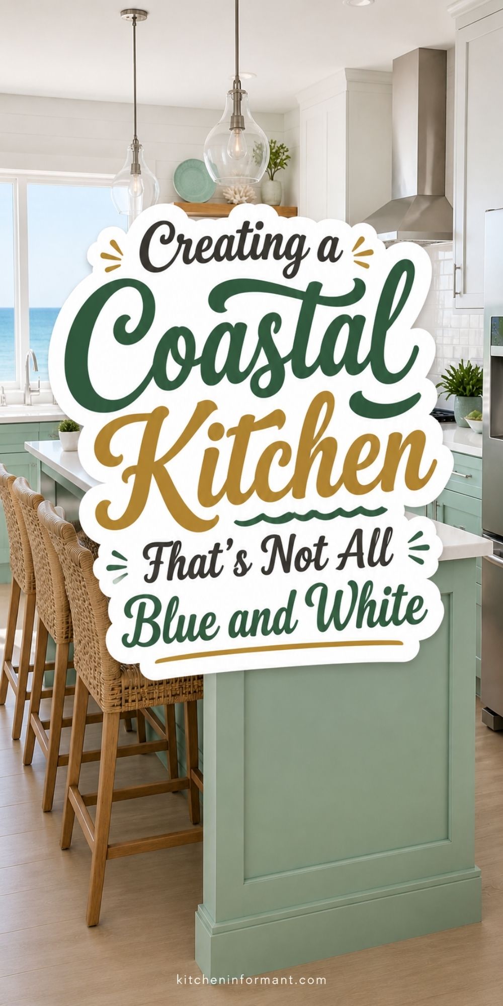 Coastal kitchen with seafoam green island and cabinets, wicker counter stools, glass pendant lights, white tile backsplash, stainless hood, and ocean view. Text reads: “Creating a Coastal Kitchen That’s Not All Blue and White” and “kitcheninformant.com.”