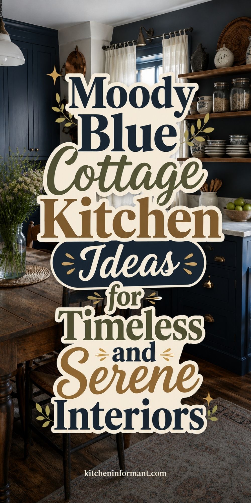 Moody Blue Cottage Kitchen Ideas for Timeless and Serene Interiors graphic.