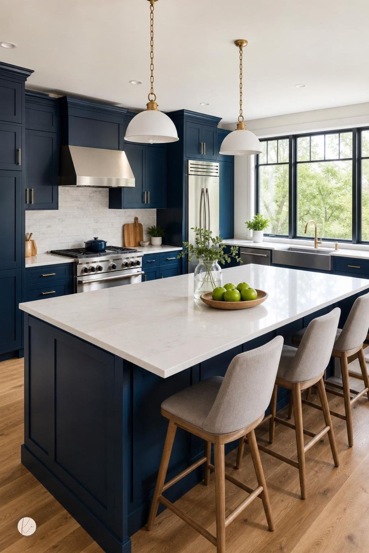 A modern kitchen with navy blue cabinets and white countertops, featuring stainless steel appliances and natural light.