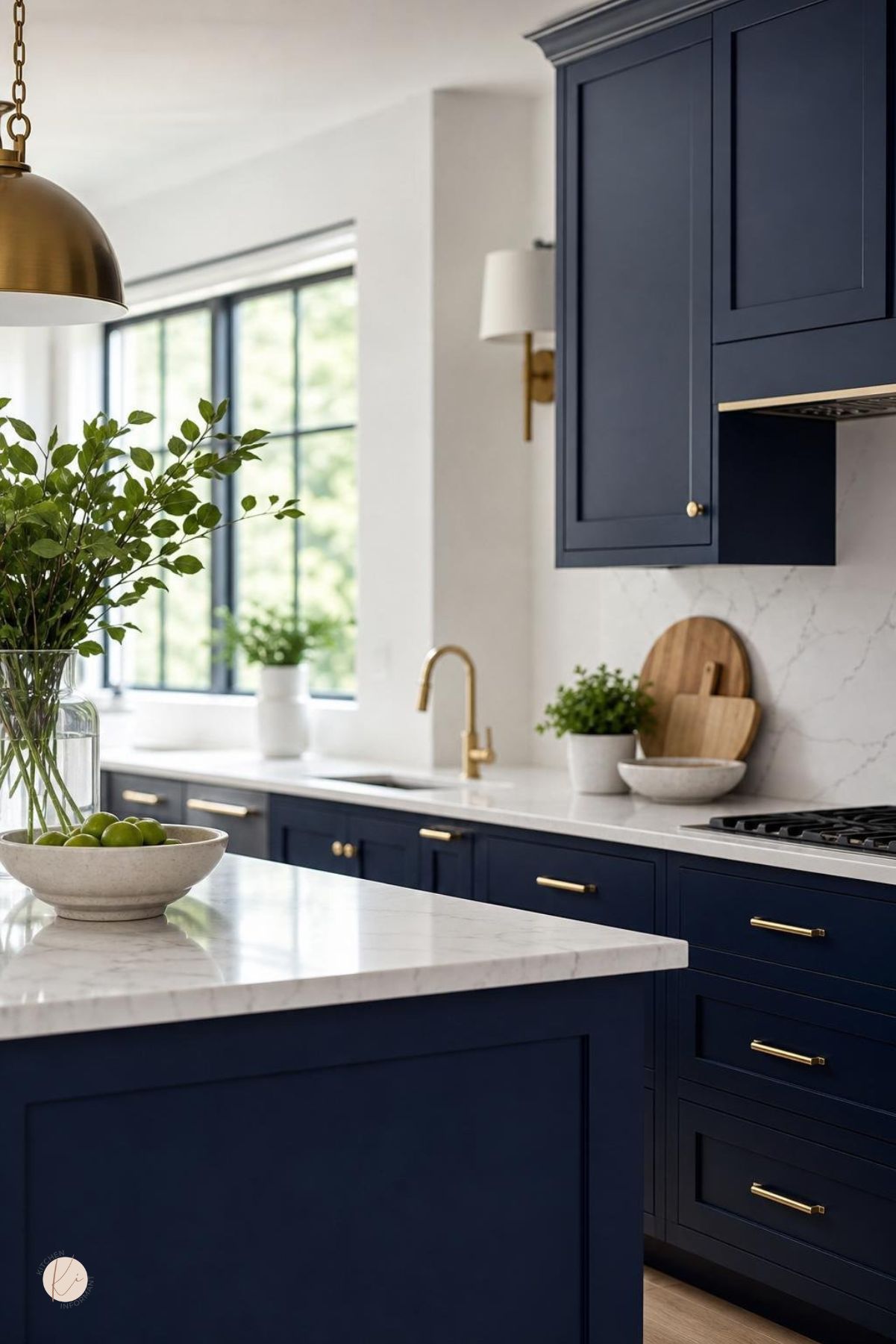 A modern kitchen with navy blue cabinets and white countertops, illuminated by natural light.
