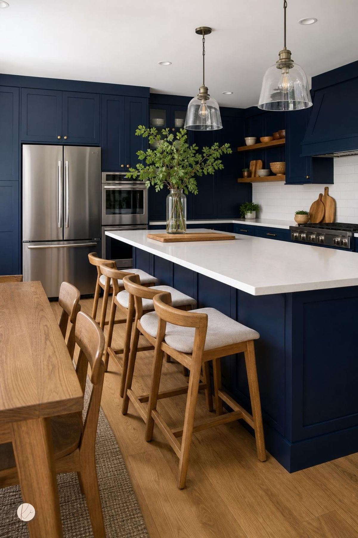 A modern kitchen with navy blue cabinets, white countertops, and oak wood elements like a table or flooring.