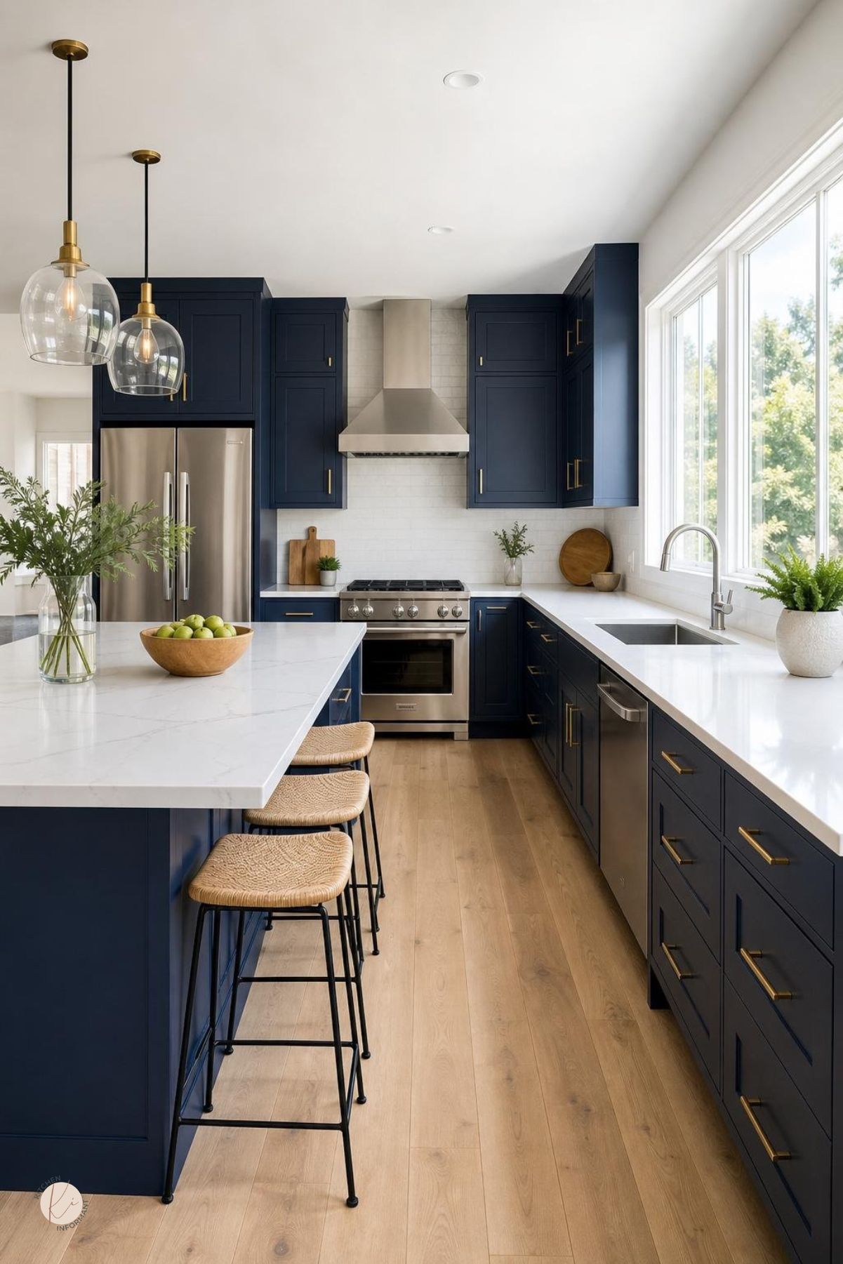Modern kitchen with navy blue cabinets and white countertops, featuring stainless steel appliances and a kitchen island.