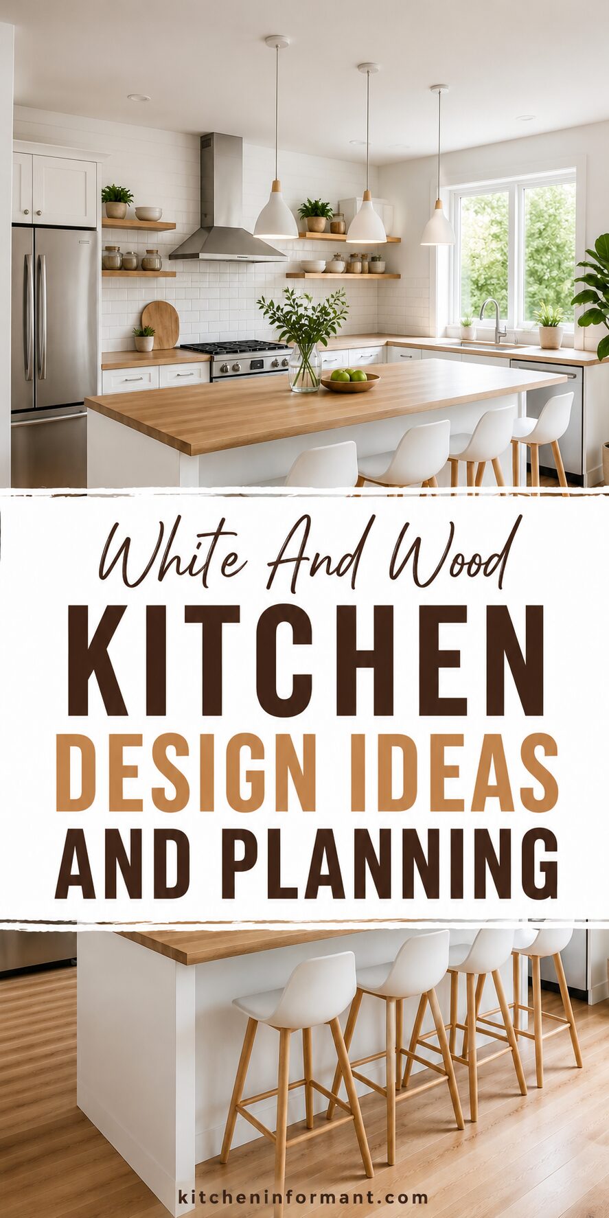 White And Wood Kitchen Design Ideas and Planning graphic.