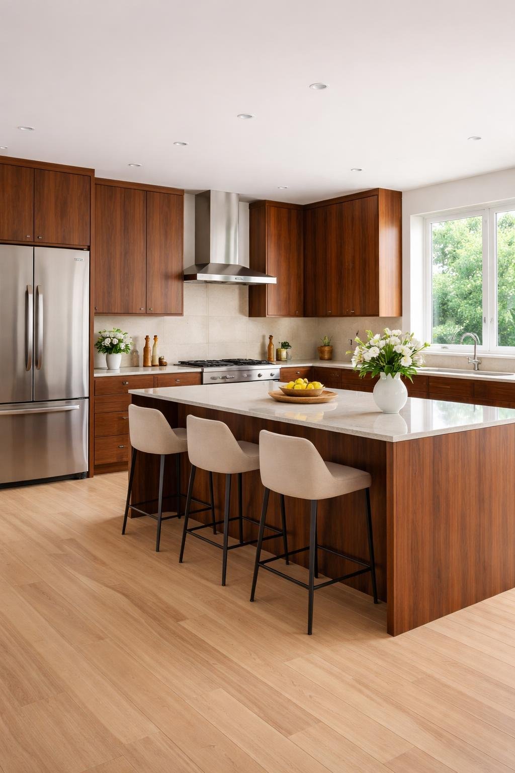 A modern kitchen with walnut cabinets, light countertops, stainless steel appliances, and a kitchen island with bar stools.