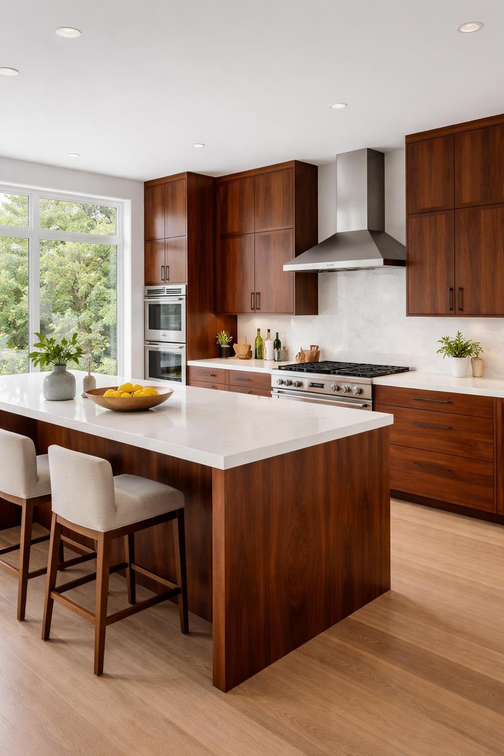 A modern kitchen with rich walnut cabinets, natural light, sleek countertops, and stainless steel appliances.
