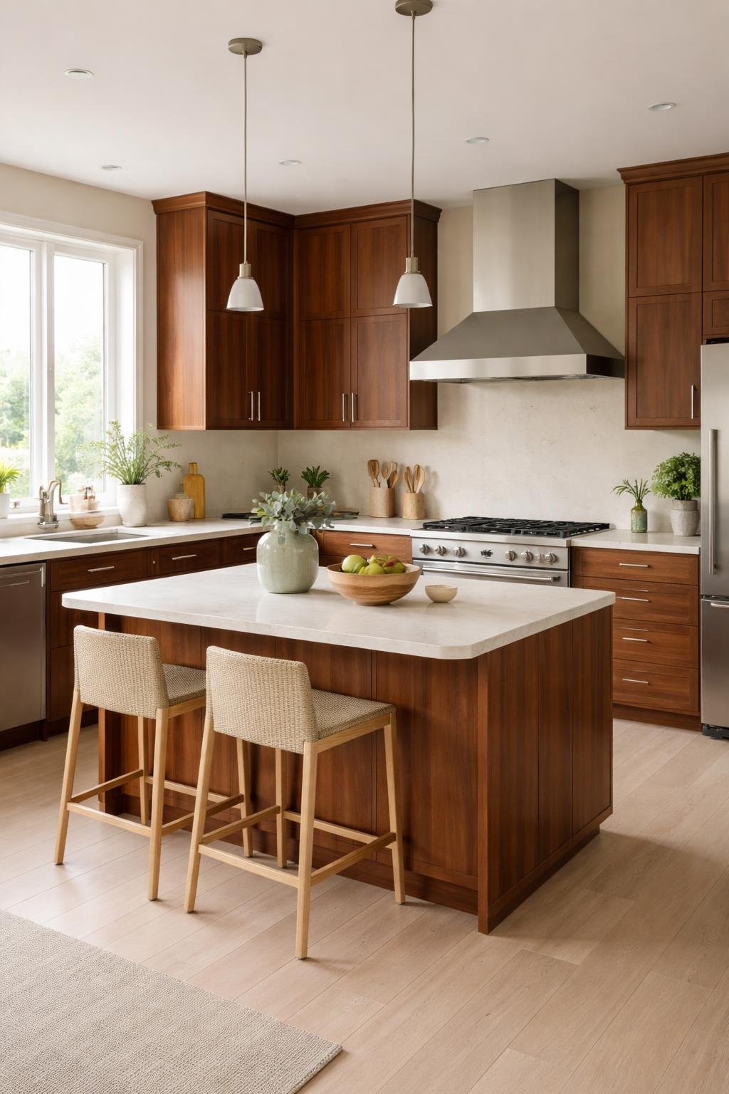 A modern kitchen with walnut cabinets, beige walls, cream countertops, and green decorative accents illuminated by natural light.