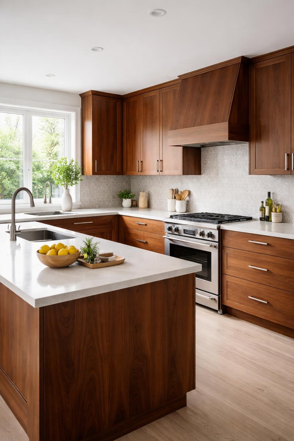 A modern kitchen with walnut cabinets, light countertops, a neutral patterned backsplash, and sleek hardware, illuminated by natural light.