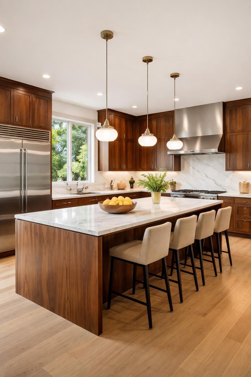A modern kitchen with walnut cabinets, a central island, stainless steel appliances, and natural light coming through large windows.