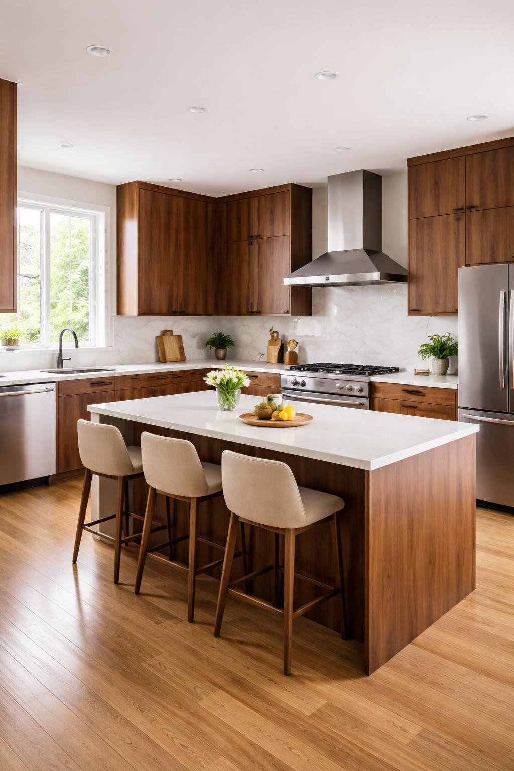 A modern kitchen with dark walnut cabinets, light countertops, stainless steel appliances, and natural light coming through large windows.