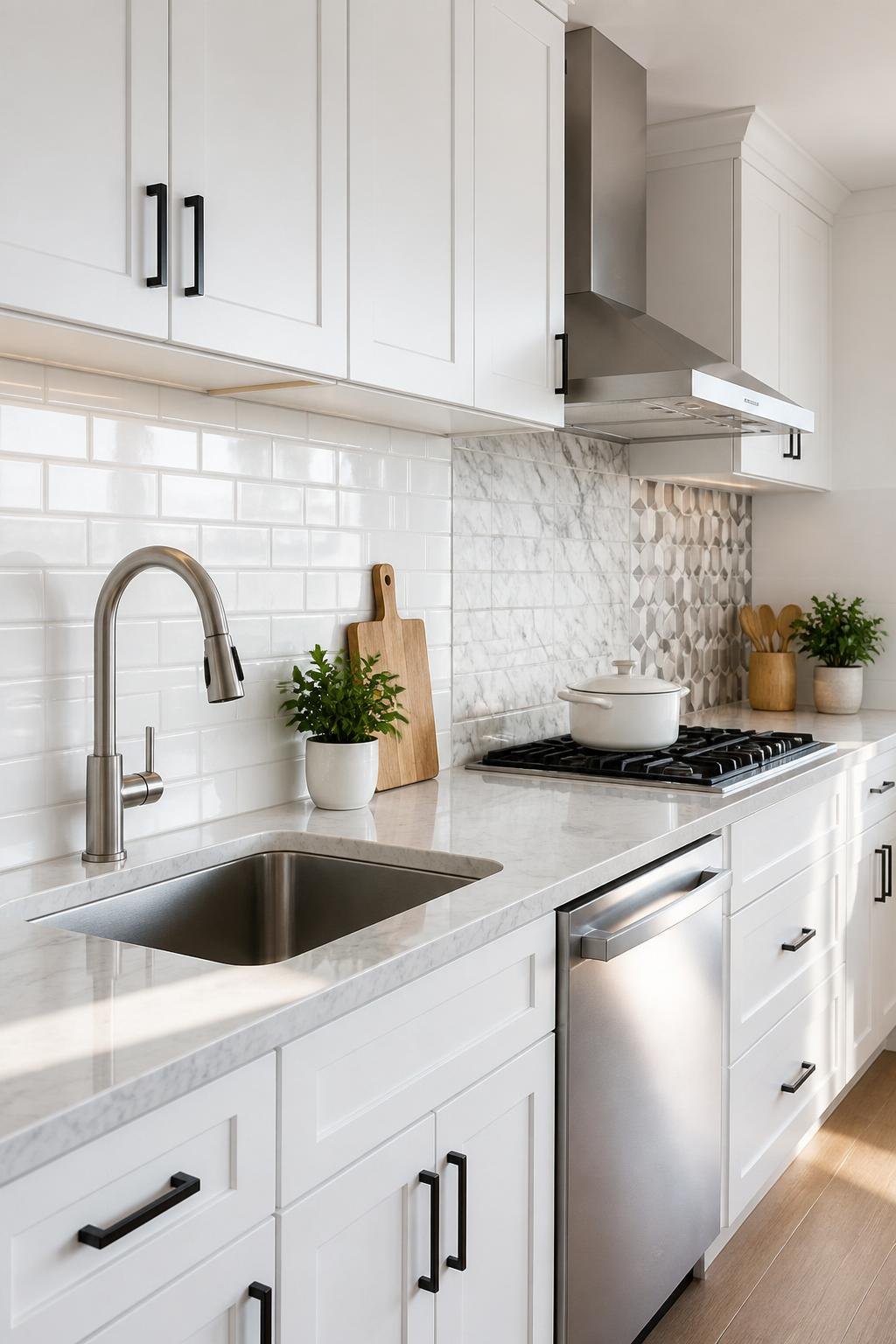 A modern kitchen with white cabinets and a variety of stylish backsplash designs including subway tiles, marble patterns, and geometric tiles, with natural light illuminating the space.