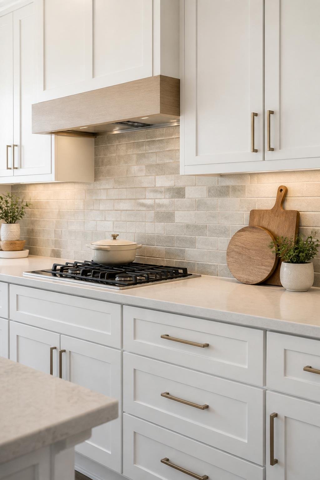 A modern kitchen with white cabinets and a subtle gray and beige tiled backsplash illuminated by warm natural light.