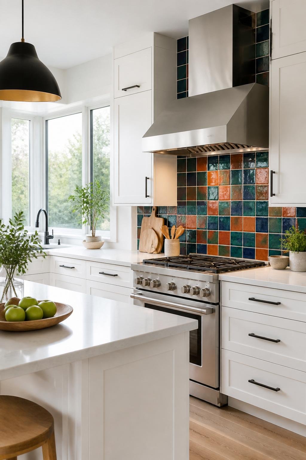 A modern kitchen with white cabinets and a colorful tiled backsplash in blue, green, and terracotta tones.