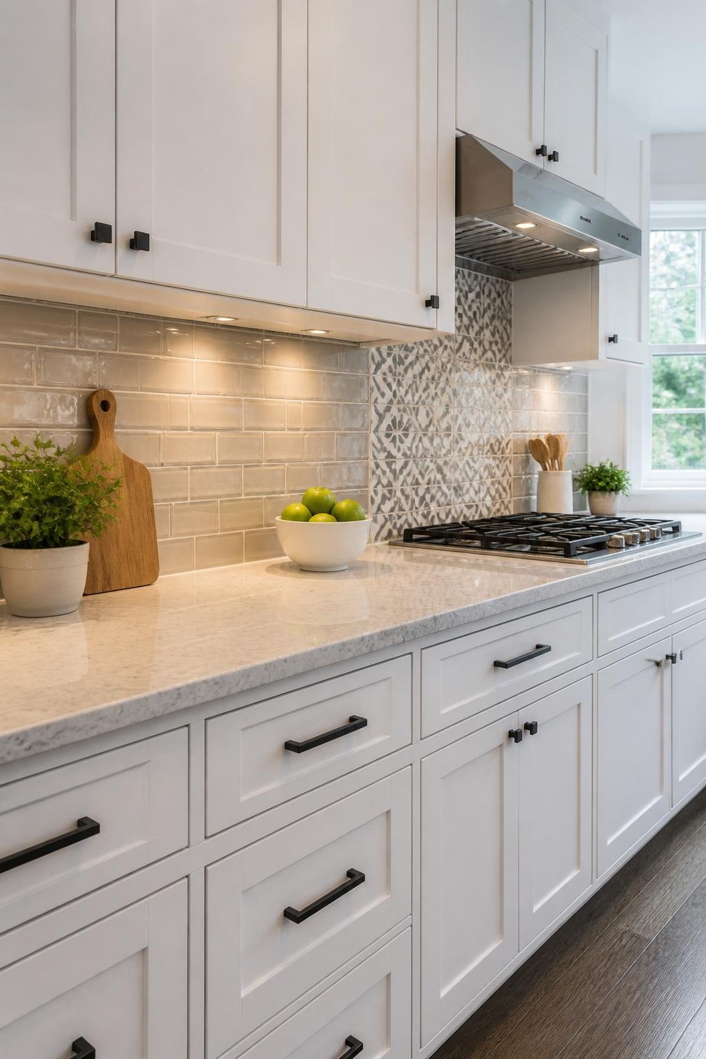 A modern kitchen with white cabinets and a variety of patterned backsplash tiles illuminated by natural light.