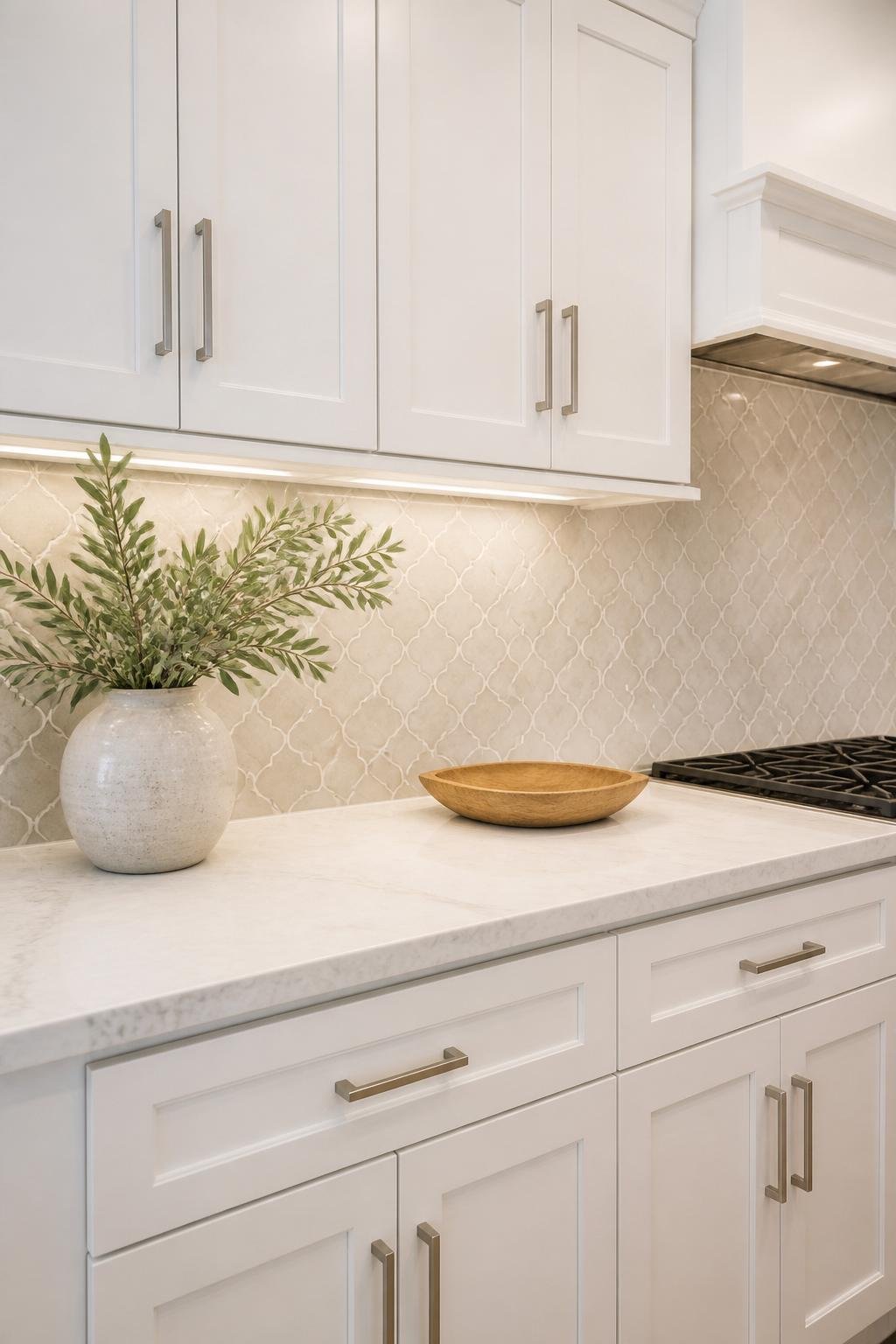 Modern kitchen with white cabinets, a coordinating backsplash, light countertops, and sleek cabinet hardware.