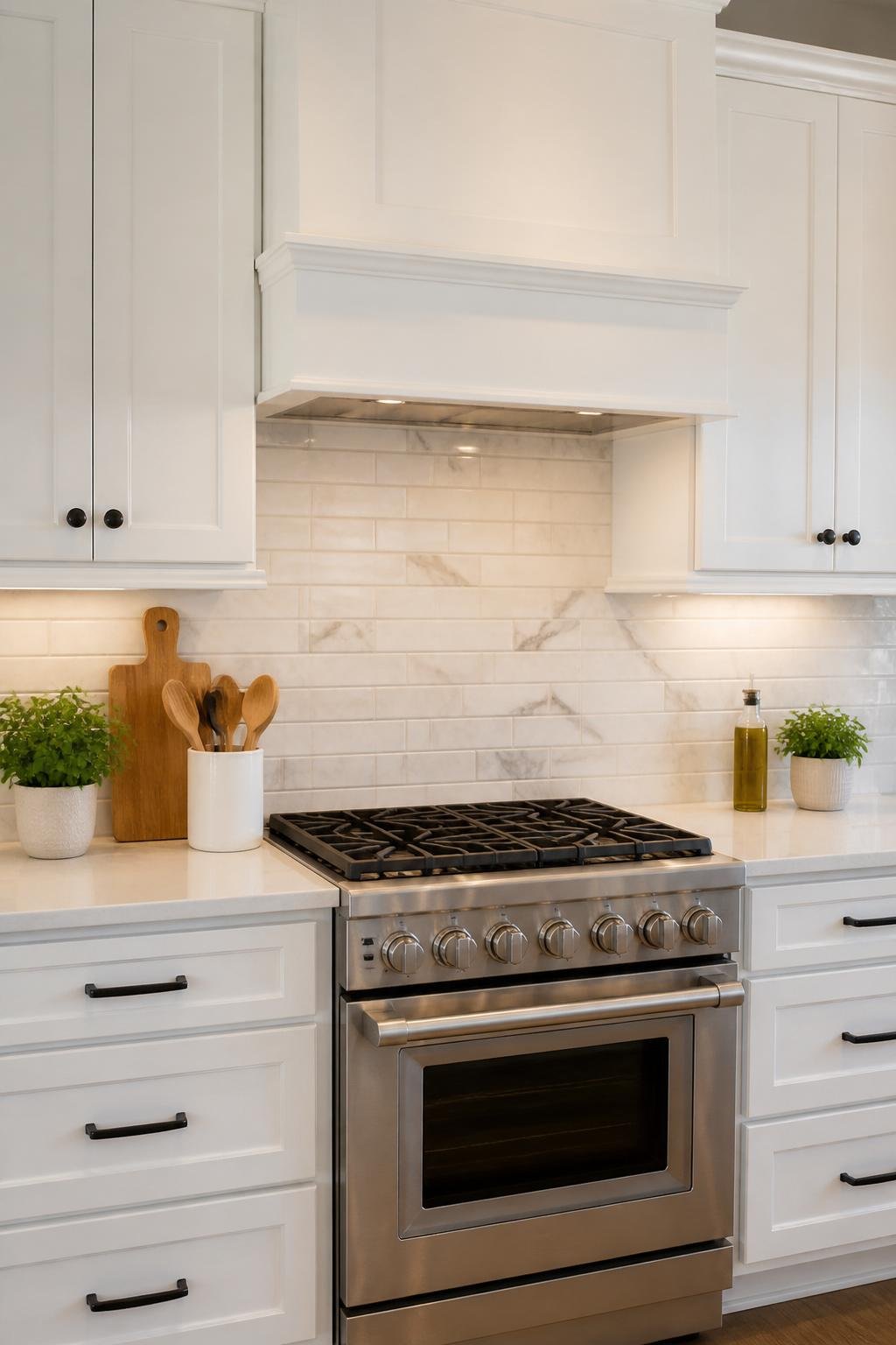 A modern kitchen with white cabinets and a stylish backsplash between the countertops and upper cabinets.