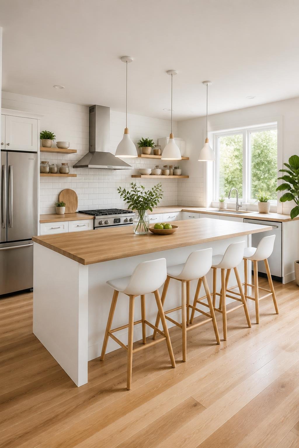 A bright kitchen with white cabinets and wooden countertops, featuring a kitchen island and natural light.