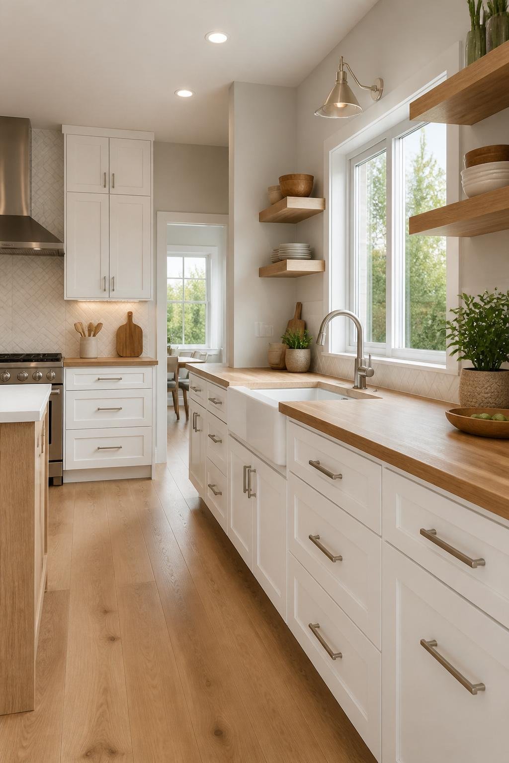 A bright kitchen with white cabinets and wooden countertops, featuring metal handles and natural lighting.
