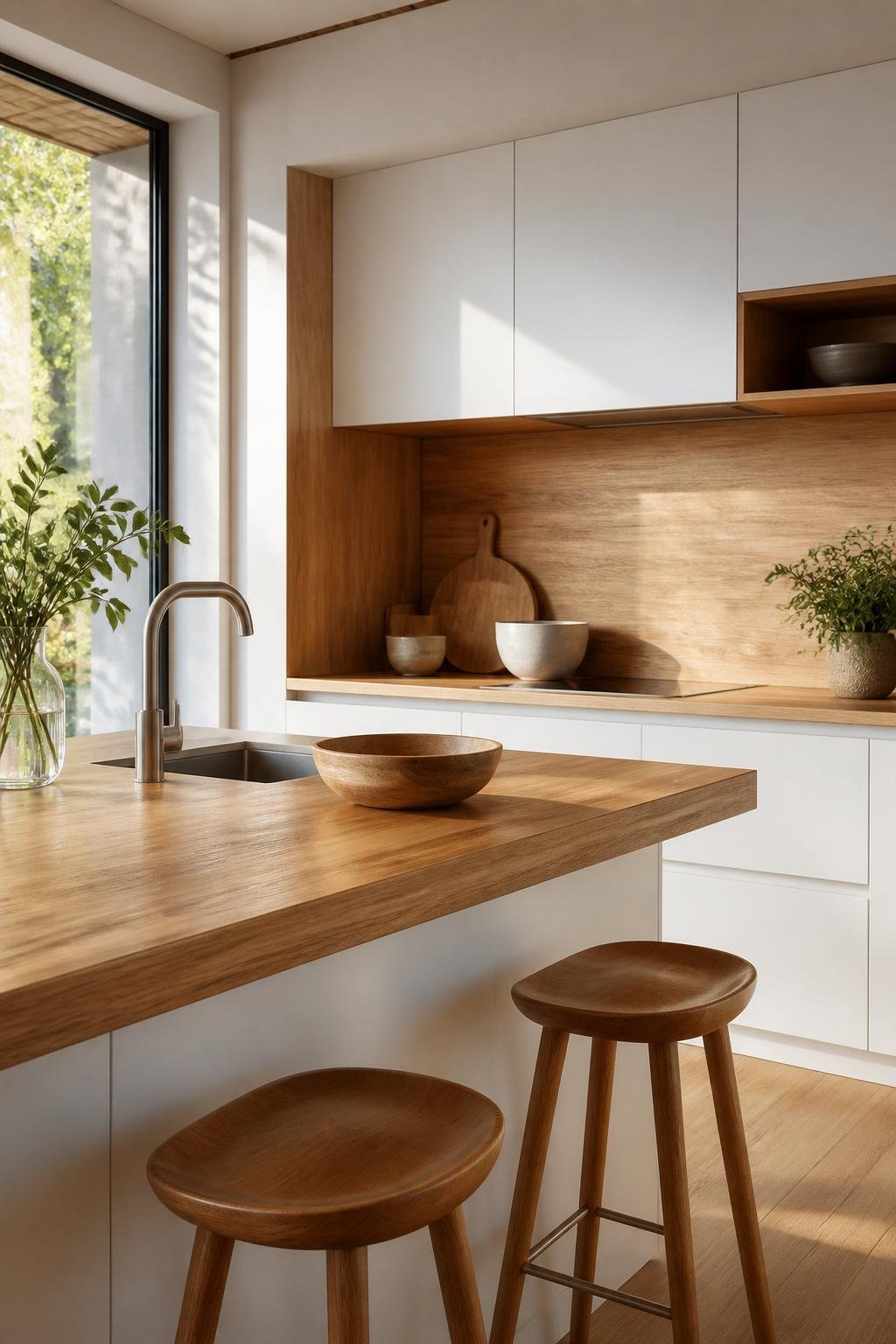 A bright kitchen with white cabinets and wooden countertops illuminated by natural light highlighting the wood texture.