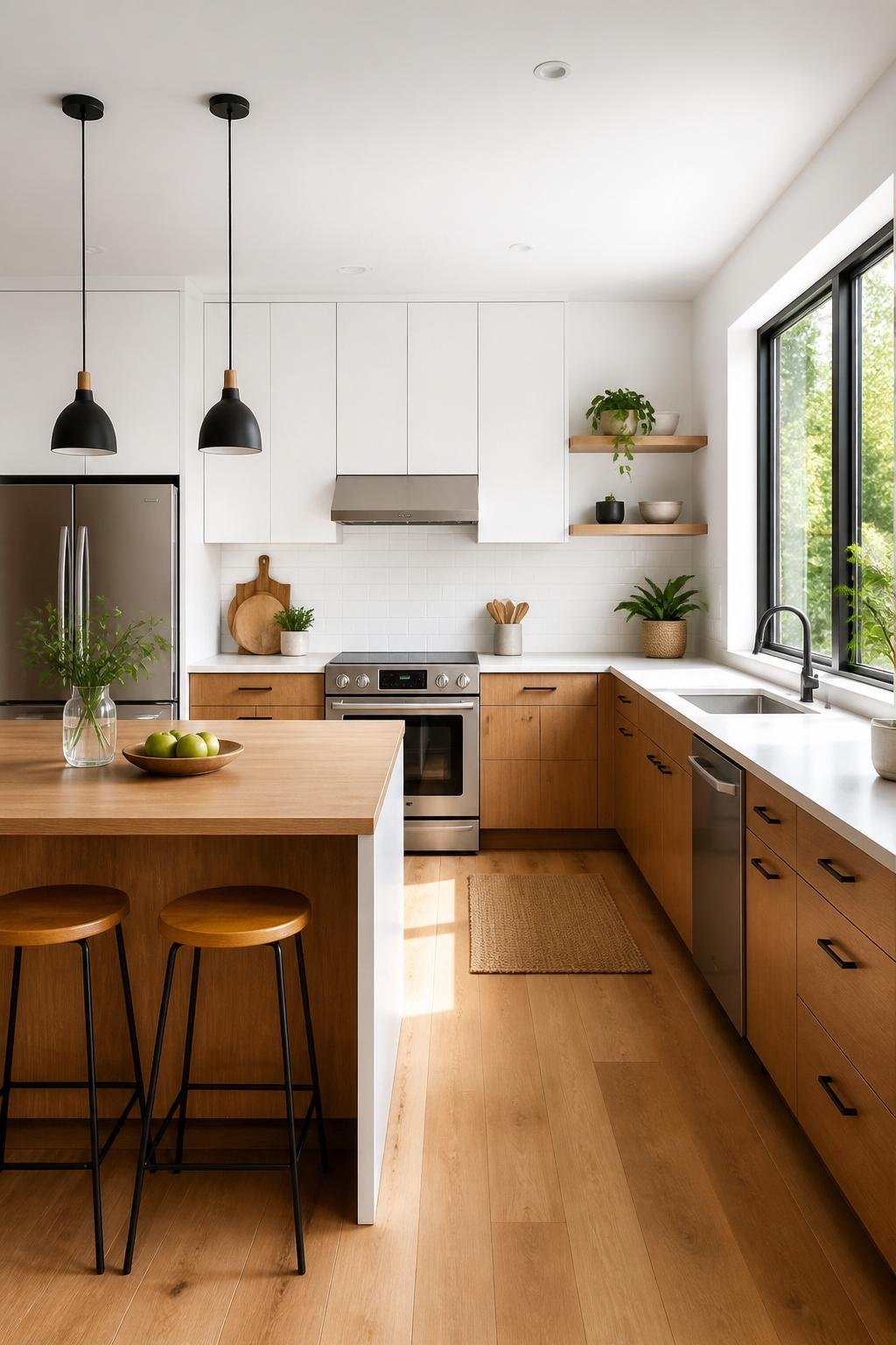 A bright kitchen with white cabinets and wooden countertops, featuring a kitchen island and stainless steel appliances.
