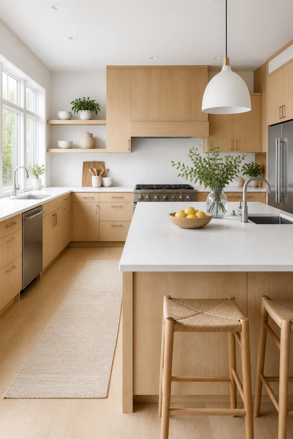 A bright white kitchen with white oak cabinets, a white countertop, stainless steel appliances, and natural light coming through large windows.