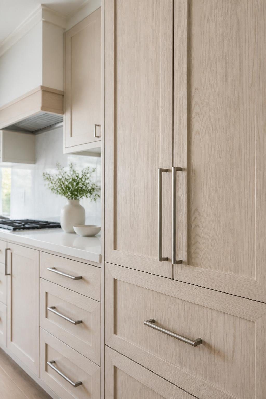 A bright white kitchen with white oak cabinets in excellent condition under soft natural light.