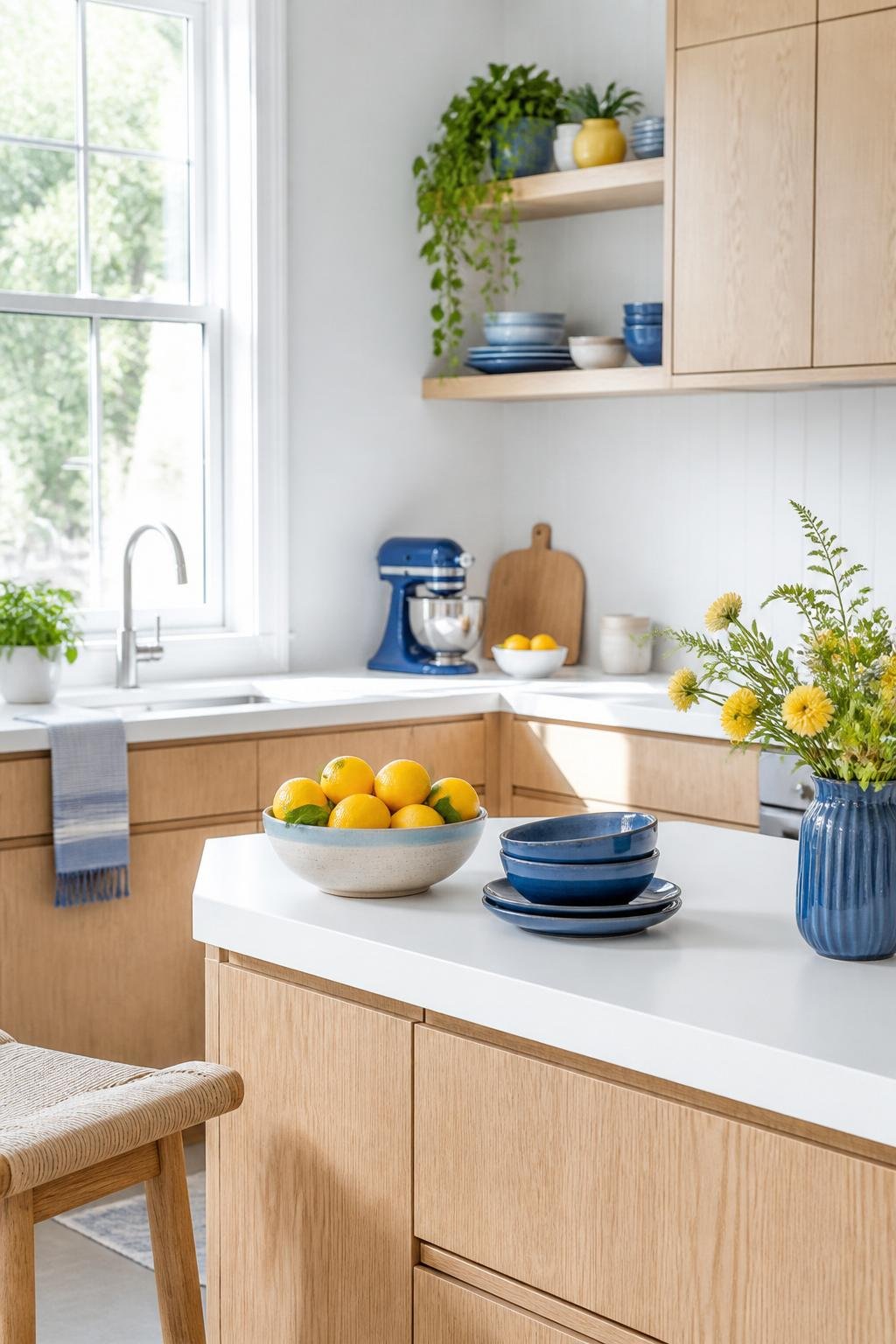 A bright white kitchen with white oak cabinets and countertops, accented by blue and yellow decorative items.
