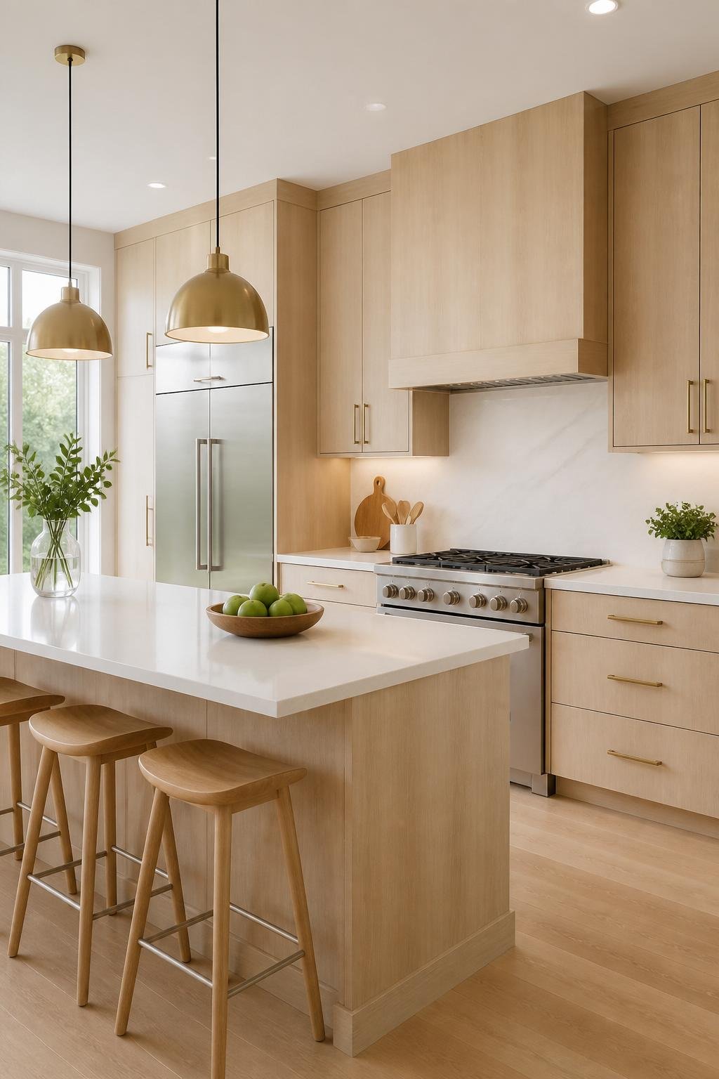 Bright white kitchen with white oak cabinets, a kitchen island, and natural light coming through large windows.