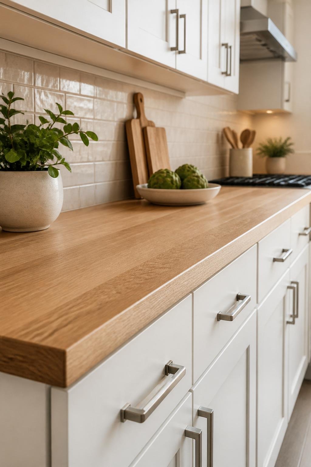 A bright kitchen with white oak countertops, white cabinets, a light tile backsplash, and metal cabinet hardware.