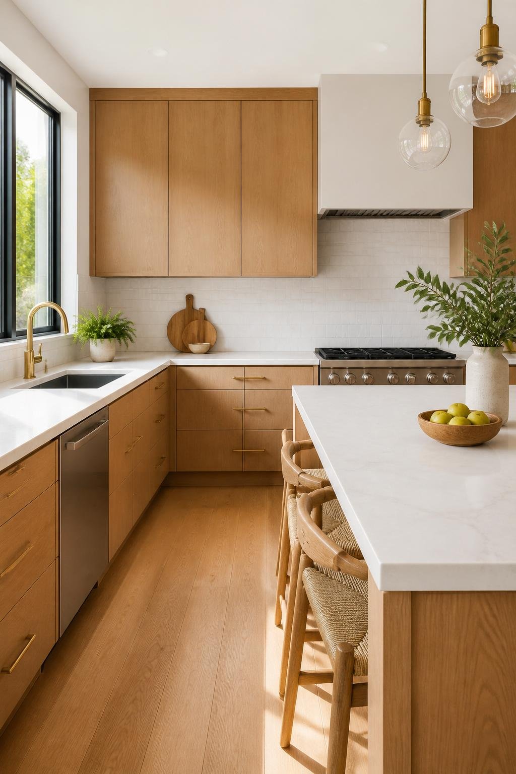 A bright kitchen with white oak cabinets and white countertops, featuring stainless steel appliances and natural light from large windows.