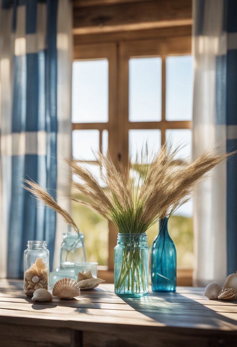 Sunlight streaming through open windows onto a rustic wooden table adorned with seashells, driftwood, and a vase of beach grass. Blue and white striped curtains billow in the breeze